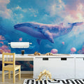 Whale and Underwater Mural Wallpaper in Child's Room Blue, Orange, and Various Pastel Shades Whale -6 Mural Wallpaper - pure wallpaper artwork
