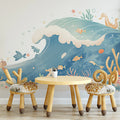 Ocean Wave and Sea Creatures Mural Wallpaper in Playroom Blue, Green, and Various Pastel Ocean Wave Mural Wallpaper - pure wallpaper artwork