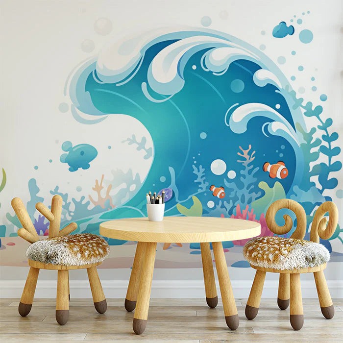 Ocean Wave and Sea Creatures Mural Wallpaper in Playroom Blue, Green, and Various Pastel Ocean Wave -1 Mural Wallpaper - pure wallpaper artwork
