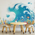 Ocean Wave and Sea Creatures Mural Wallpaper in Playroom Blue, Green, and Various Pastel Ocean Wave -1 Mural Wallpaper - pure wallpaper artwork