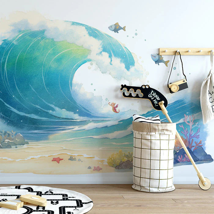 Ocean Wave and Sea Creatures Mural Wallpaper in Playroom Blue, Green, and Various Pastel Ocean Wave -2 Mural Wallpaper - pure wallpaper artwork