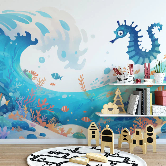 Blue Wave and Seahorse Mural Wallpaper in Playroom Blue, Orange, and Various Pastel Wave and Seahorse Mural Wallpaper