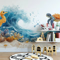 Blue Wave and Seahorse Mural Wallpaper in Playroom Blue, Orange, and Various Pastel Wave and Seahorse -1 Mural Wallpaper - pure wallpaper artwork