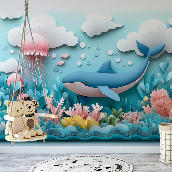 Paper Art Ocean Scene Mural Wallpaper in Playroom Blue, Pink, and Various Pastel Shades Whale Mural Wallpaper - pure wallpaper artwork