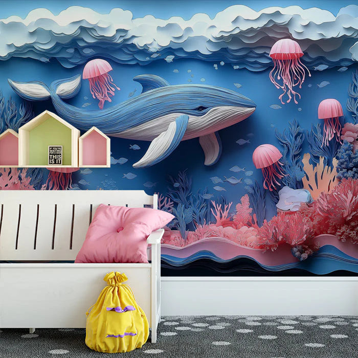 Paper Art Ocean Scene Mural Wallpaper in Playroom Blue, Pink, and Various Pastel Shades Whale -1 Mural Wallpaper - pure wallpaper artwork