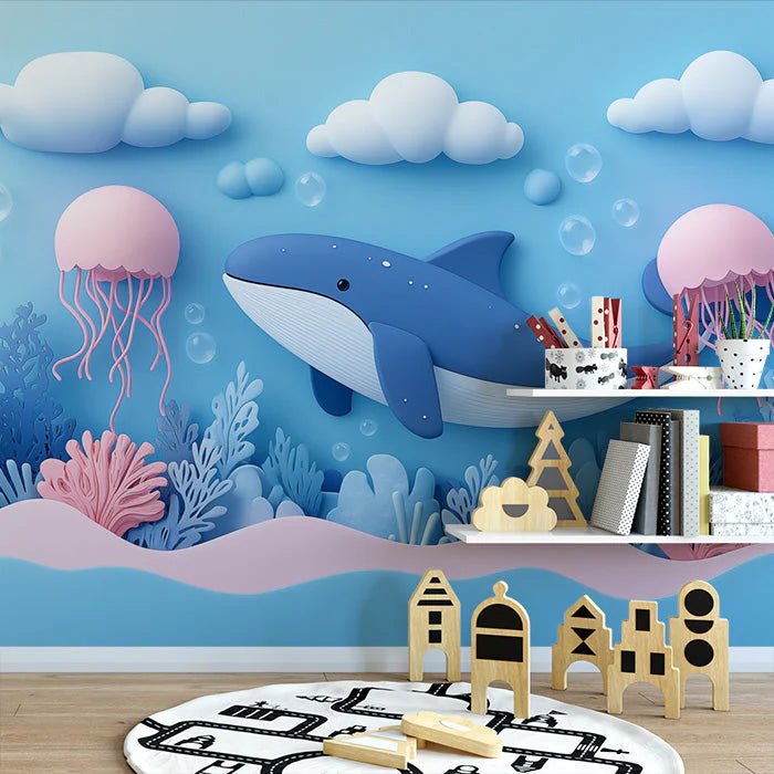 Paper Art Ocean Scene Mural Wallpaper in Playroom Blue, Pink, and Various Pastel Shades Whale -2 Mural Wallpaper - pure wallpaper artwork