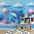 Paper Art Ocean Scene Mural Wallpaper in Playroom Blue, Pink, and Various Pastel Shades Whale -2 Mural Wallpaper - pure wallpaper artwork