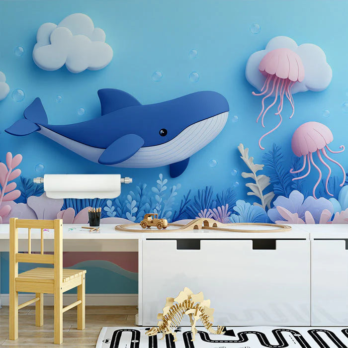 Paper Art Ocean Scene Mural Wallpaper in Playroom Blue, Pink, and Various Pastel Shades Whale -3 Mural Wallpaper