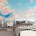 Paper Art Ocean Scene Mural Wallpaper in Playroom Blue, Pink, and Various Pastel Shades Whale -4 Mural Wallpaper - pure wallpaper artwork