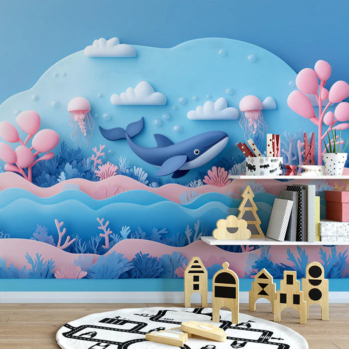 Paper Art Ocean Scene Mural Wallpaper in Playroom Blue, Pink, and Various Pastel Shades Whale -5 Mural Wallpaper - pure wallpaper artwork