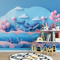 Paper Art Ocean Scene Mural Wallpaper in Playroom Blue, Pink, and Various Pastel Shades Whale -5 Mural Wallpaper - pure wallpaper artwork