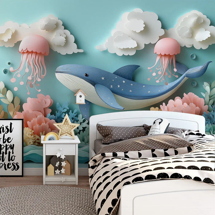 Paper Art Ocean Scene Mural Wallpaper in Playroom Blue, Pink, and Various Pastel Shades Whale -6 Mural Wallpaper