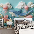 Paper Art Ocean Scene Mural Wallpaper in Playroom Blue, Pink, and Various Pastel Shades Whale -6 Mural Wallpaper - pure wallpaper artwork