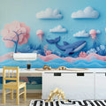 Paper Art Ocean Scene Mural Wallpaper in Playroom Blue, Pink, and Various Pastel Shades Whale -7 Mural Wallpaper - pure wallpaper artwork