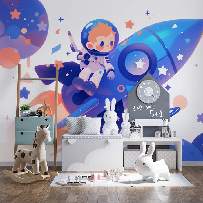 Astronaut and Rocket Mural Wallpaper in Child's Room Blue, Purple, and Orange Astronaut and Rocket Mural Wallpaper - pure wallpaper artwork