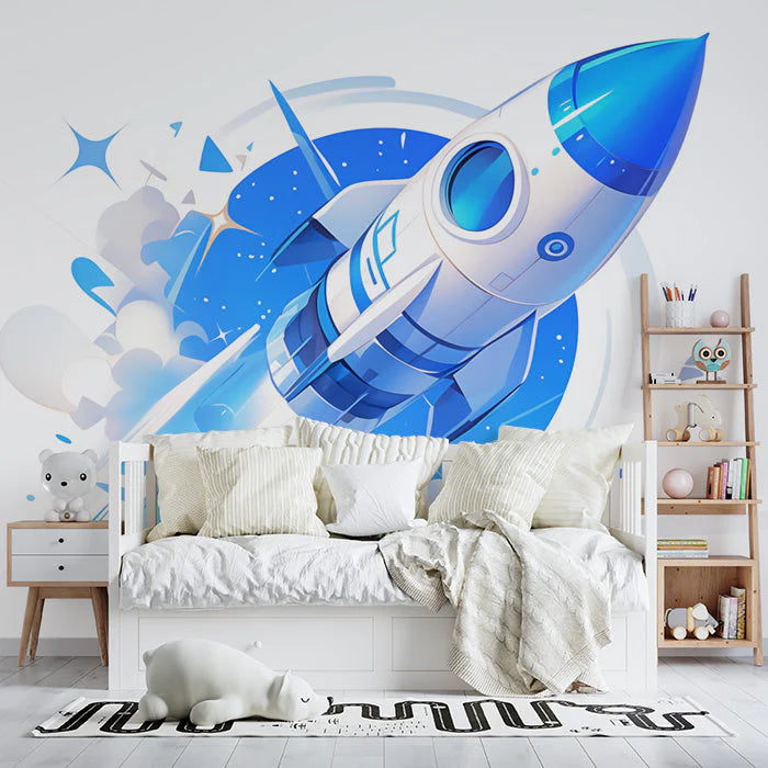 Astronaut and Rocket Mural Wallpaper in Child's Room Blue, Purple, and Orange Astronaut and Rocket -1 Mural Wallpaper - pure wallpaper artwork