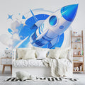 Astronaut and Rocket Mural Wallpaper in Child's Room Blue, Purple, and Orange Astronaut and Rocket -1 Mural Wallpaper - pure wallpaper artwork