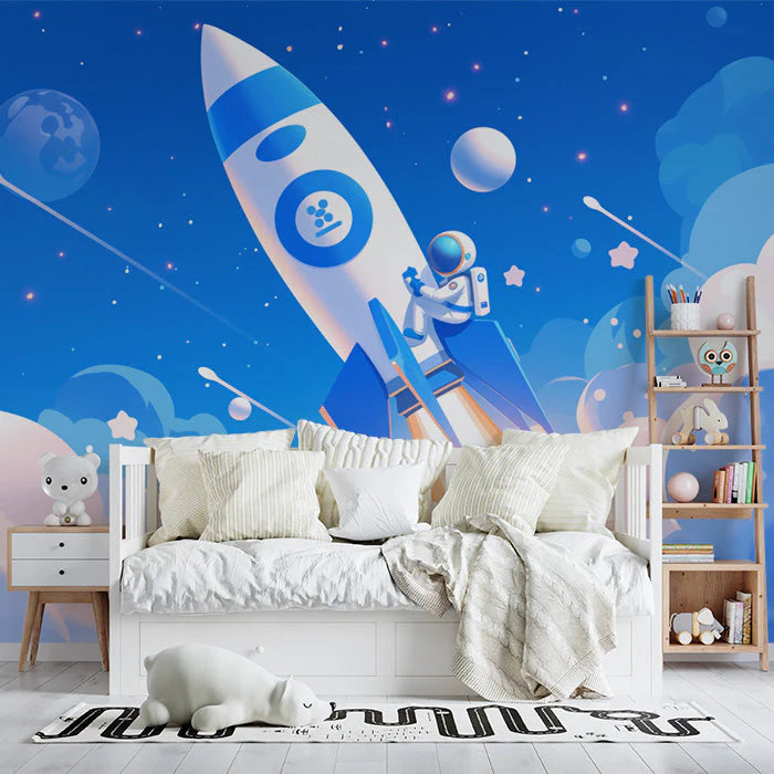 Astronaut and Rocket Mural Wallpaper in Child's Room Blue, Purple, and Orange Astronaut and Rocket -2 Mural Wallpaper - pure wallpaper artwork