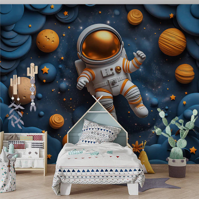 Astronaut in Space Mural Wallpaper in Child's Room Blue, Orange, and Yellow Astronaut Mural Wallpaper