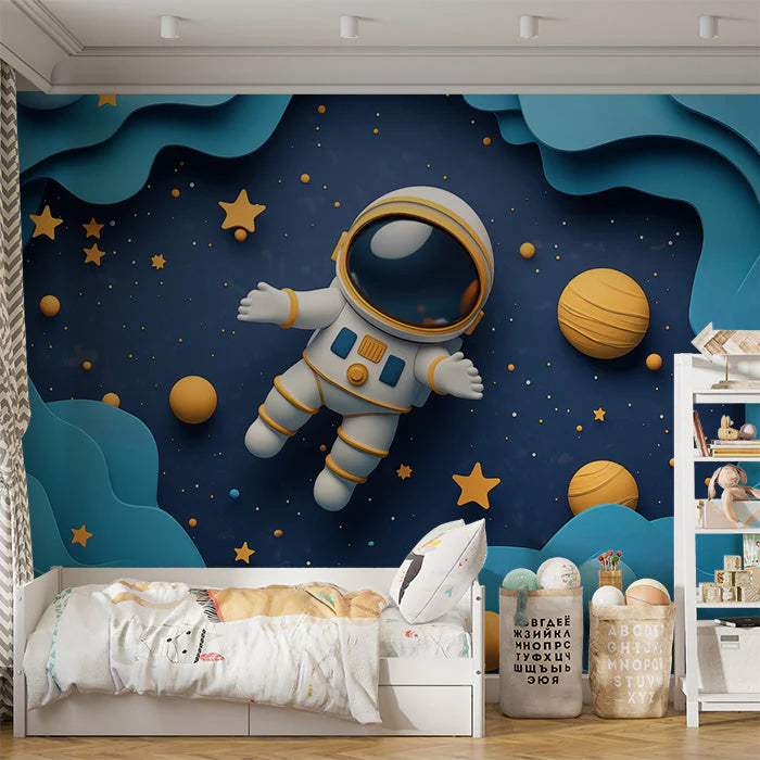 Astronaut in Space Mural Wallpaper in Child's Room Blue, Orange, and Yellow Astronaut -1 Mural Wallpaper - pure wallpaper artwork