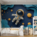 Astronaut in Space Mural Wallpaper in Child's Room Blue, Orange, and Yellow Astronaut -1 Mural Wallpaper - pure wallpaper artwork