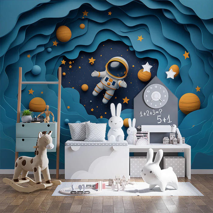 Astronaut in Space Mural Wallpaper in Child's Room Blue, Orange, and Yellow Astronaut -3 Mural Wallpaper
