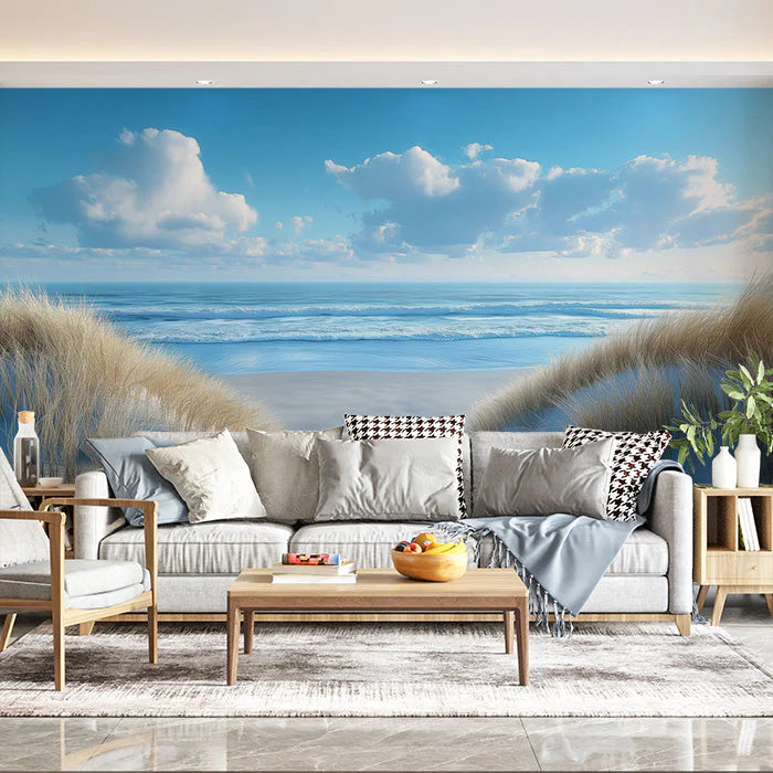 Beach Scene Mural Wallpaper in Living Room Blue, White, and Beige Beach and Sky Mural Wallpaper - pure wallpaper artwork