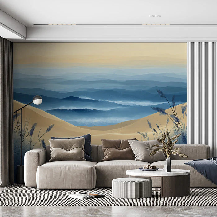 Beach Scene Mural Wallpaper in Living Room Blue, White, and Beige Beach and Sky -1 Mural Wallpaper