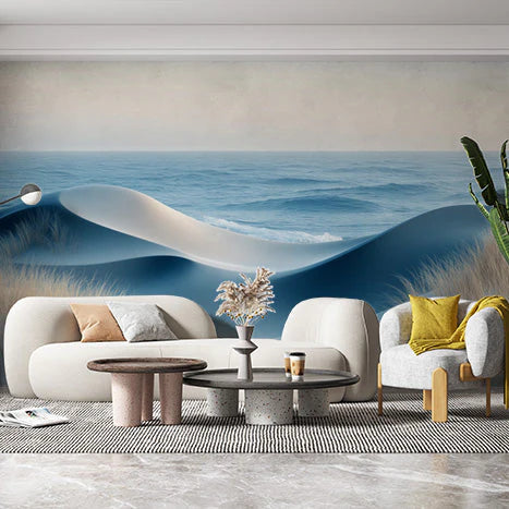 Beach Scene Mural Wallpaper in Living Room Blue, White, and Beige Beach and Sky -2 Mural Wallpaper