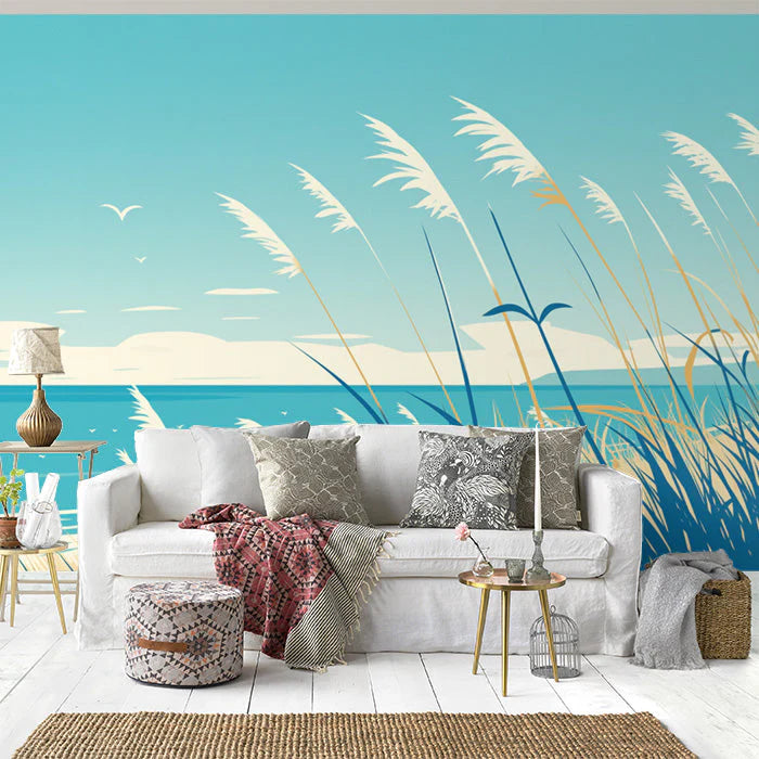 Beach Scene Mural Wallpaper in Living Room Blue, White, and Beige Beach and Sky -3 Mural Wallpaper - pure wallpaper artwork
