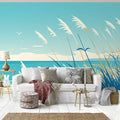 Beach Scene Mural Wallpaper in Living Room Blue, White, and Beige Beach and Sky -3 Mural Wallpaper - pure wallpaper artwork