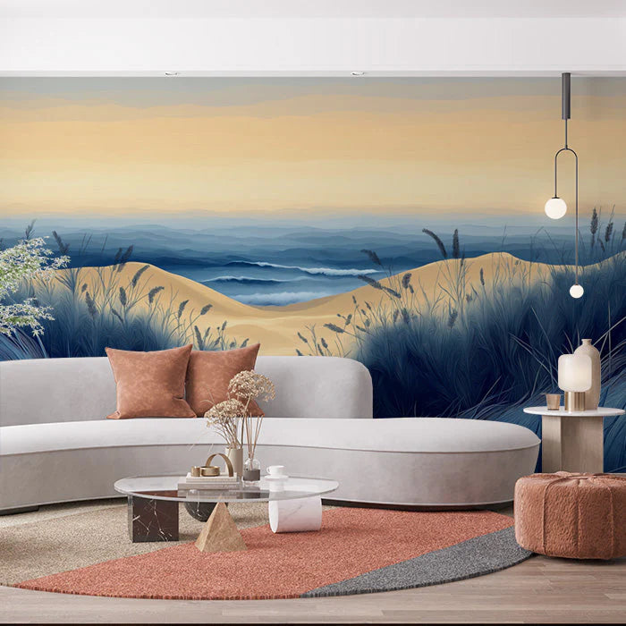 Beach Scene Mural Wallpaper in Living Room Blue, White, and Beige Beach and Sky -4 Mural Wallpaper