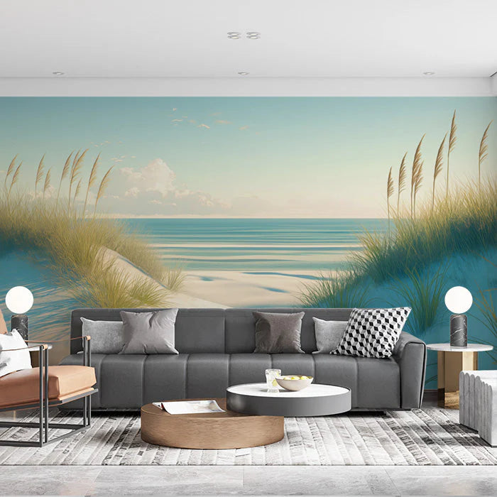 Beach Scene Mural Wallpaper in Living Room Blue, White, and Beige Beach and Sky -5 Mural Wallpaper - pure wallpaper artwork