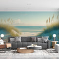 Beach Scene Mural Wallpaper in Living Room Blue, White, and Beige Beach and Sky -5 Mural Wallpaper - pure wallpaper artwork