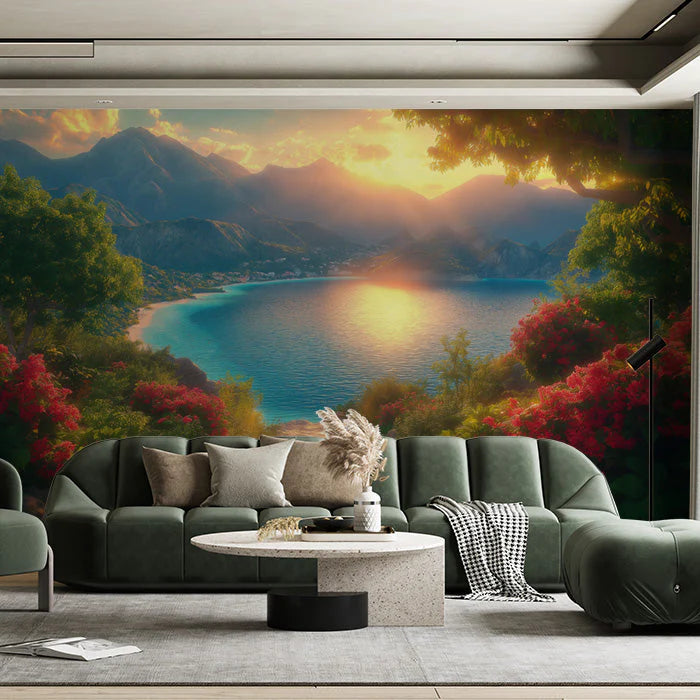 Mountain and Lake Sunset Mural Wallpaper in Living Room Green, Blue, Red, and Yellow Mountain and Lake Mural Wallpaper