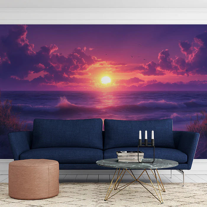 Sunset Radiance Mural Wallpaper Purple Sky & Fiery Ocean Glow in Living Room or a Lounge Mural Wallpaper - pure wallpaper artwork