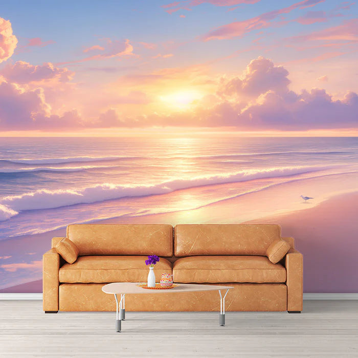 Tranquil Morning Shore Mural Wallpaper Soft Sunrise & Pastel Beach Mural Wallpaper - pure wallpaper artwork