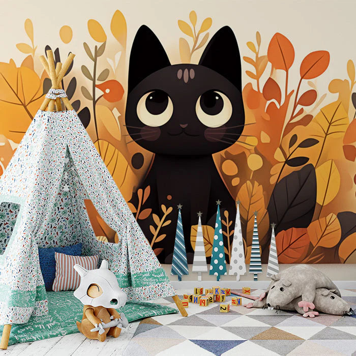 Black Cat and Autumn Leaves Mural Wallpaper in Playroom Black, Orange, and Yellow Cat Mural Wallpaper - pure wallpaper artwork