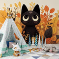Black Cat and Autumn Leaves Mural Wallpaper in Playroom Black, Orange, and Yellow Cat Mural Wallpaper - pure wallpaper artwork