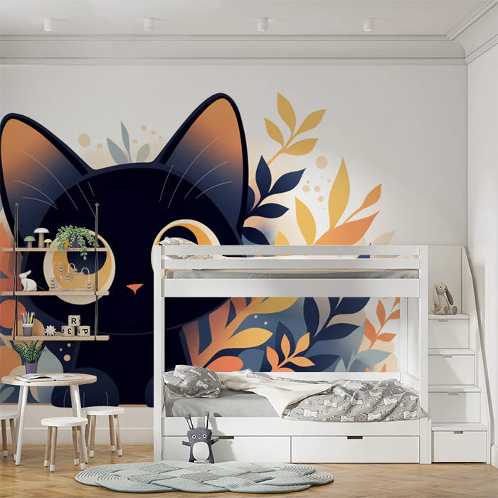 Black Cat and Autumn Leaves Mural Wallpaper in Playroom Black, Orange, and Yellow Cat -1 Mural Wallpaper - pure wallpaper artwork