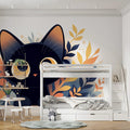 Black Cat and Autumn Leaves Mural Wallpaper in Playroom Black, Orange, and Yellow Cat -1 Mural Wallpaper - pure wallpaper artwork