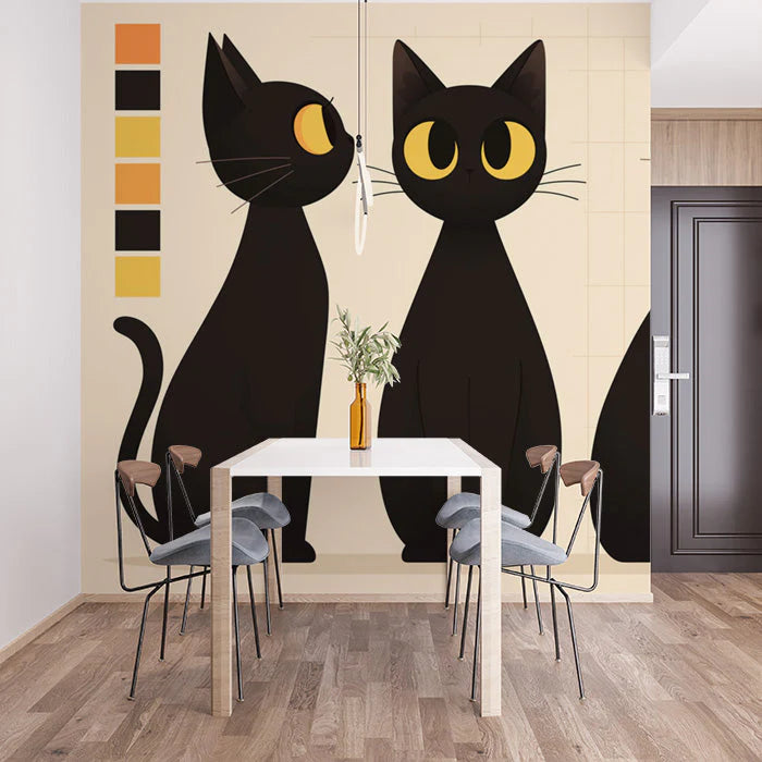 Black Cat and Autumn Leaves Mural Wallpaper in dining room Black, Orange, and Yellow Cat -2 Mural Wallpaper