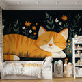 Black Cat and Autumn Leaves Mural Wallpaper in Kid's room Black, Orange, and Yellow Cat Mural Wallpaper - pure wallpaper artwork