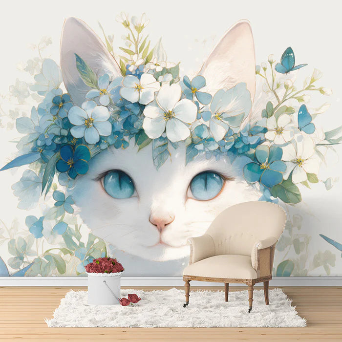 White Cat with Floral Crown Mural Wallpaper in Bedroom White, Blue, and Green Cat Mural Wallpaper