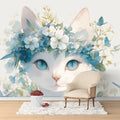 White Cat with Floral Crown Mural Wallpaper in Bedroom White, Blue, and Green Cat Mural Wallpaper - pure wallpaper artwork