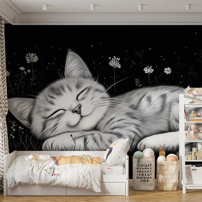 Sleeping Cat Mural Wallpaper in Bedroom Black, White, and Gray Cat Mural Wallpaper