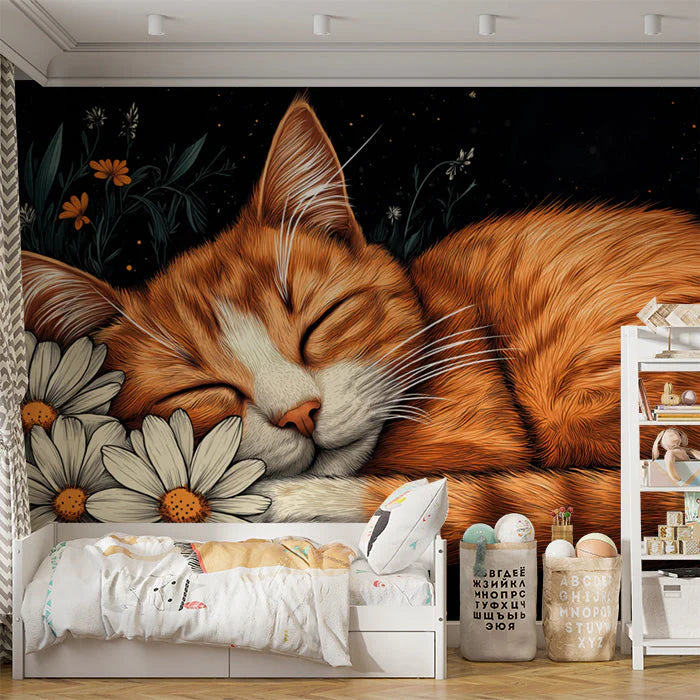 Sleeping Cat Mural Wallpaper in Girl's Bedroom Black, White, and Gray Cat Mural Wallpaper - pure wallpaper artwork