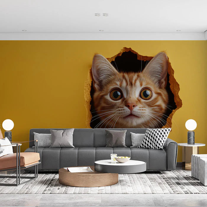3D Cat Hole Mural Wallpaper in Living Room Orange, Yellow, and Gray Cat Mural Wallpaper - pure wallpaper artwork