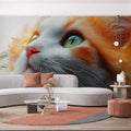 3D Cat Hole Mural Wallpaper in Living Room Orange, Yellow, and Gray Cat -1 Mural Wallpaper - pure wallpaper artwork