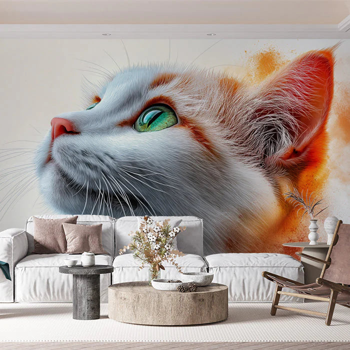 3D Cat Mural Wallpaper in Living Room Orange, Yellow, and Gray Cat Mural Wallpaper